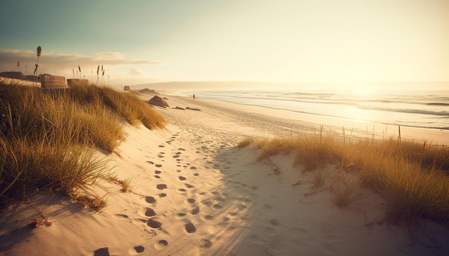 Sandige Dünen, einsamer Sonnenuntergang, Meer.
